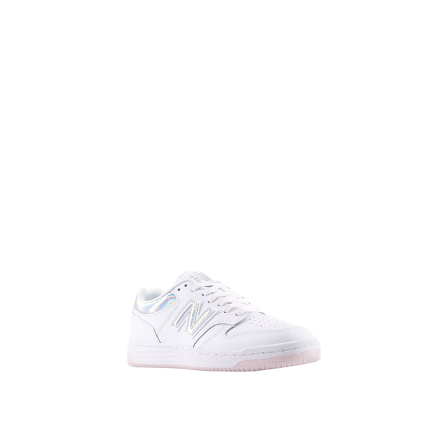 Angled side of New Balance Kids' 480 Lifestyle Shoe in Rose Sugar