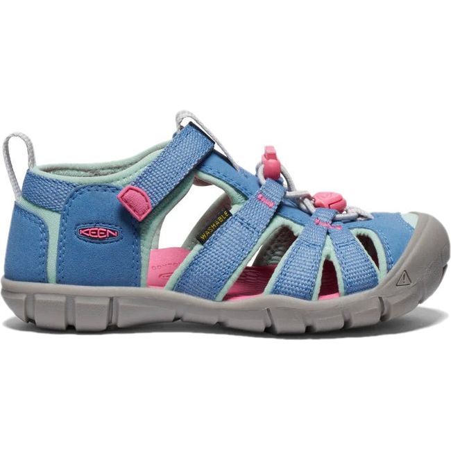 Lateral of KEEN Little Kids Seacamp II CNX Sandal in Coronet Blue and Hot Pink