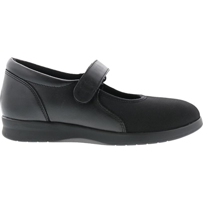 Lateral side of Womens Drew Mary Jane Bloom II Shoe in Black Leather and mesh with velcro strap