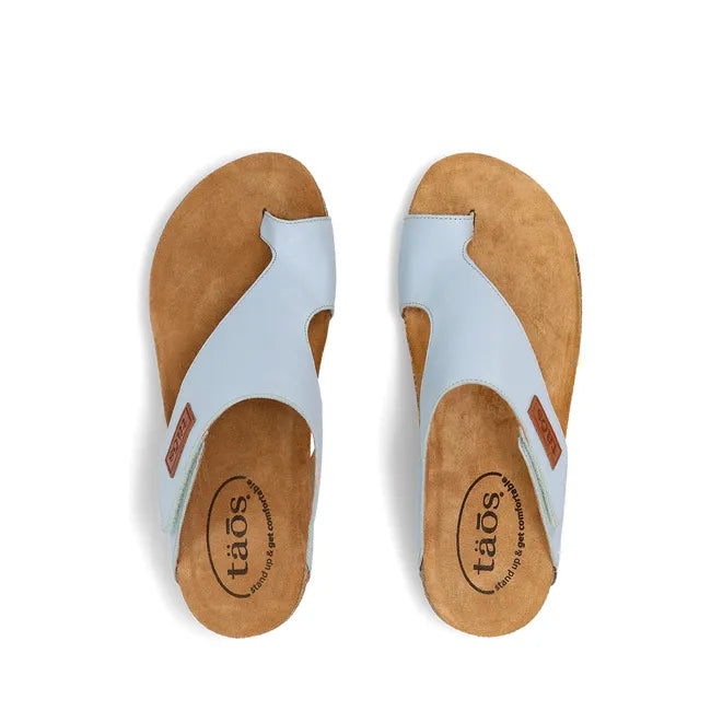 Upper of Women's Taos Loop Sandals in Light Blue Leather with velcro strap and toe post