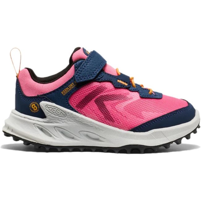 Lateral side of KEEN Little Kids' Zionic Waterproof Shoe In Navy Blue and Pink