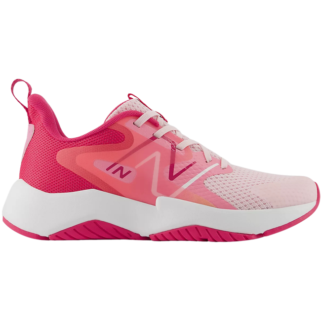 Side of New Balance Youth Kids' Rave Run V2 Running Shoe in Rose Sugar Pink