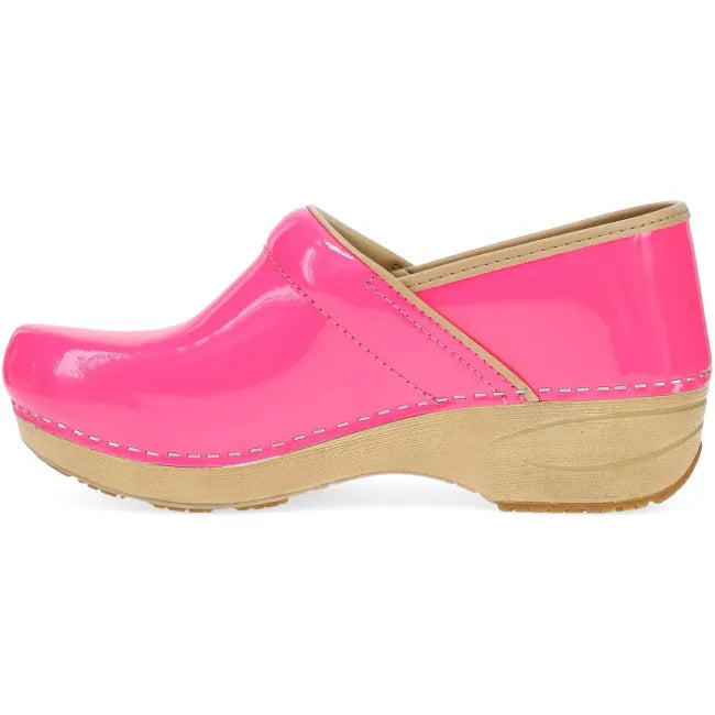 Dansko XP 2.0 clog in neon pink patent leather, side profile showing rocker bottom