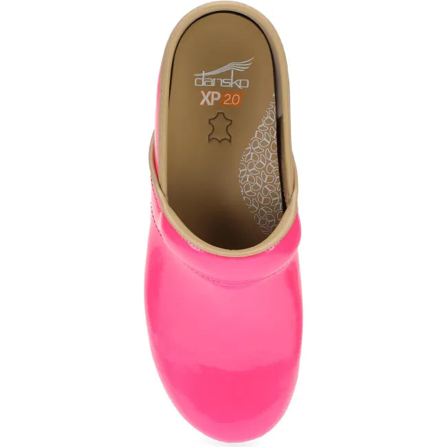Dansko XP 2.0 clog in neon pink patent leather, top view showing padded instep collar
