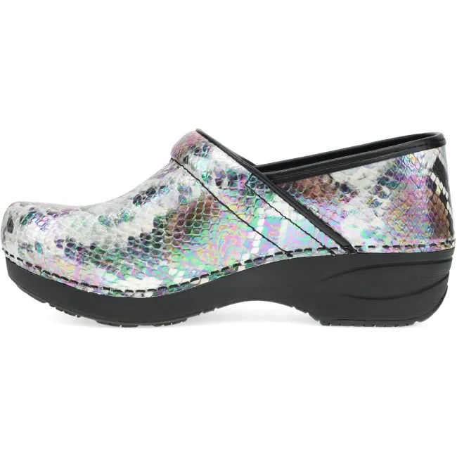 Dansko XP 2.0 clog in snake-print leather, side profile showing rocker bottom