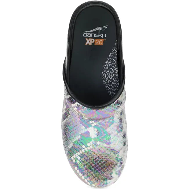 Dansko XP 2.0 clog in snake-print leather, top view showing padded instep collar