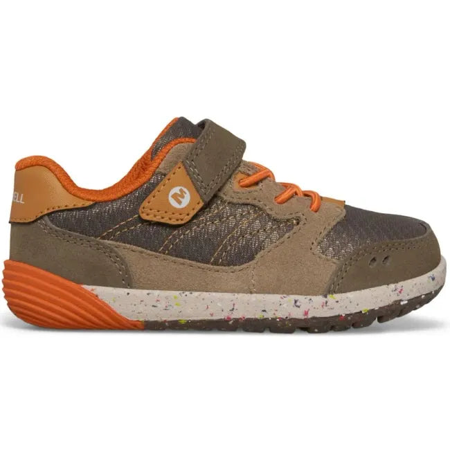 Side of Merrell Kids' Bare Steps A83 Sneaker in Gunsmoke Taupe