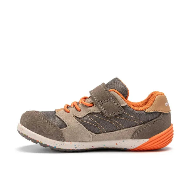 Medial side of Merrell Kids' Bare Steps A83 Sneaker in Gunsmoke Taupe