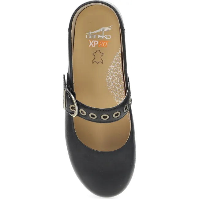 Dansko XP 2.0 Mary Jane clog in black leather, top view showing grommeted buckle strap