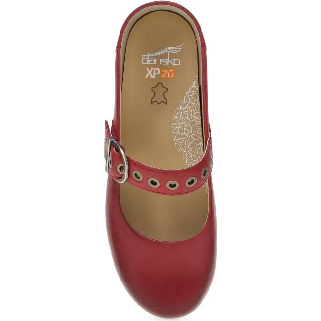 Dansko XP 2.0 Mary Jane clog in red leather, top view showing grommeted buckle strap