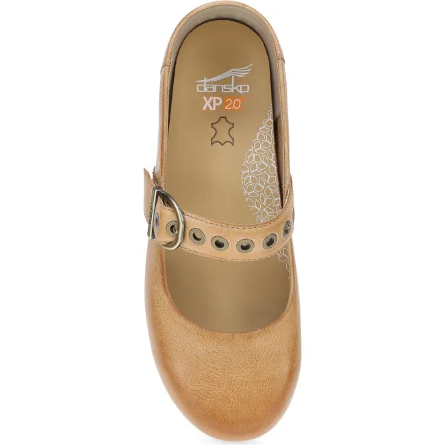 Dansko XP 2.0 Mary Jane clog in honey distressed leather, top view showing grommeted buckle strap