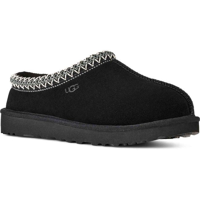 Front angled view of Black Suede UGG Women's Tasman II Slipper
