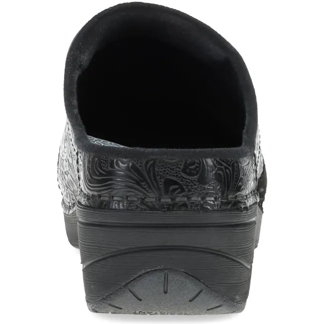 Dansko Zinnia clog mule in black, back view showing open-back silhouette