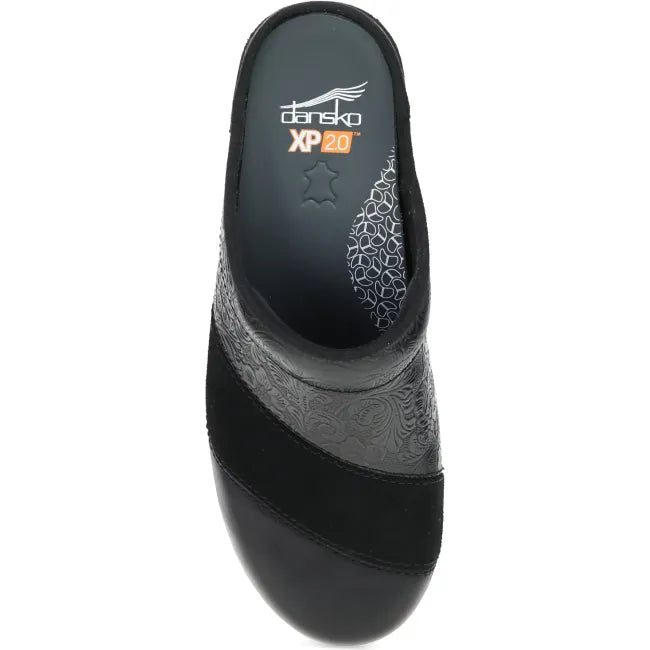 Dansko Zinnia clog mule in black, top view showing mixed tooled leather and suede