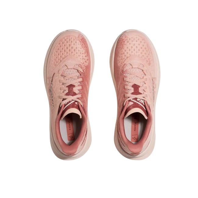 Tops of Hoka Women's Mach 6 running Shoe in Rose Latte Pink