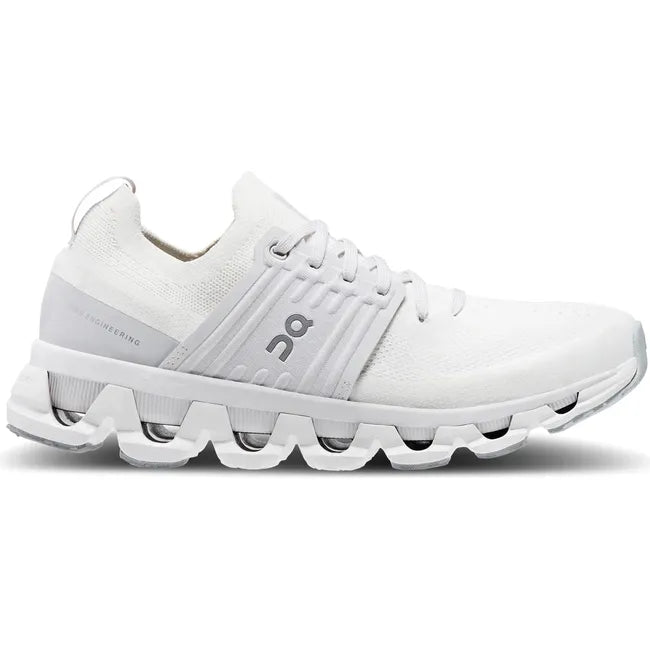 Lateral side of On Running Women's Cloudswift 3 Running Shoe in white and frost gray