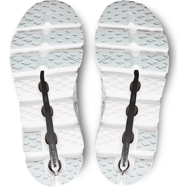 Soles of On Running Women&#39;s Cloudswift 3 Running Shoes in white and frost gray