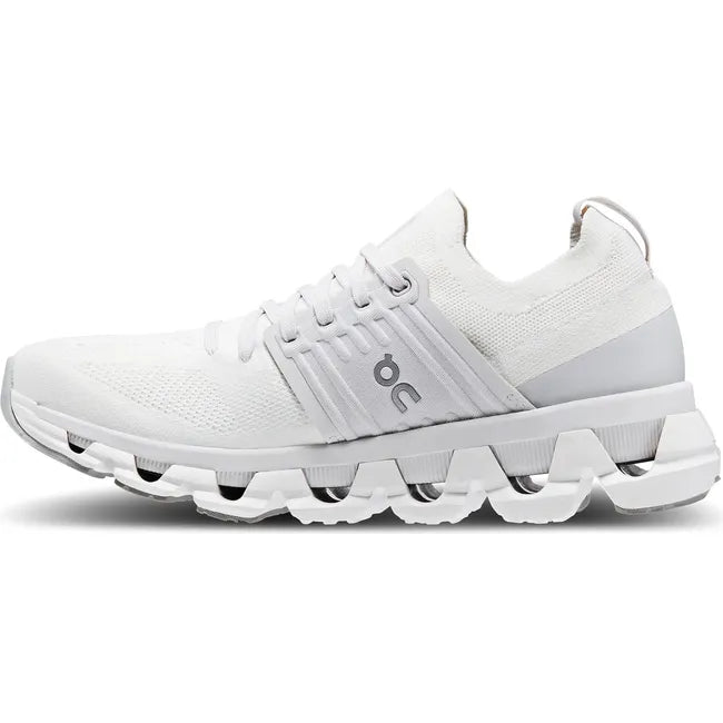 Medial side of On Running Women&#39;s Cloudswift 3 Running Shoe in white and frost gray