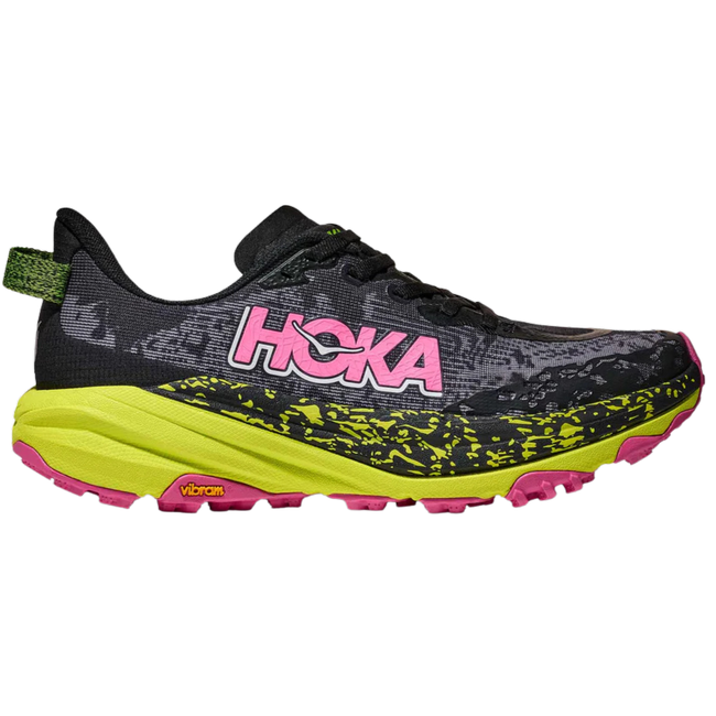 Side of Hoka Women's Speedgoat 6 Trail Running Shoe in Black Neon