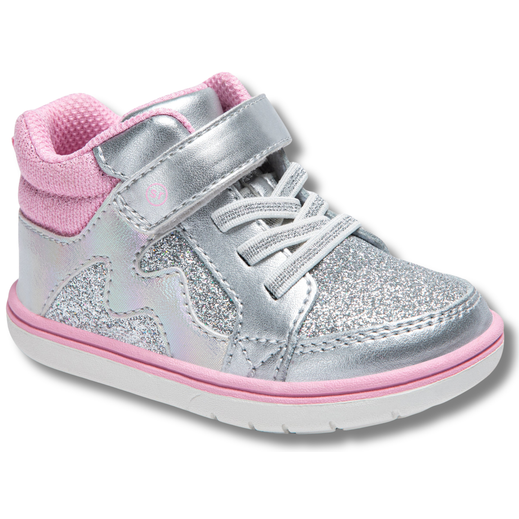 Angled Lateral side of Stride Rite Kids Ames Sneaker in Silver | BG038805