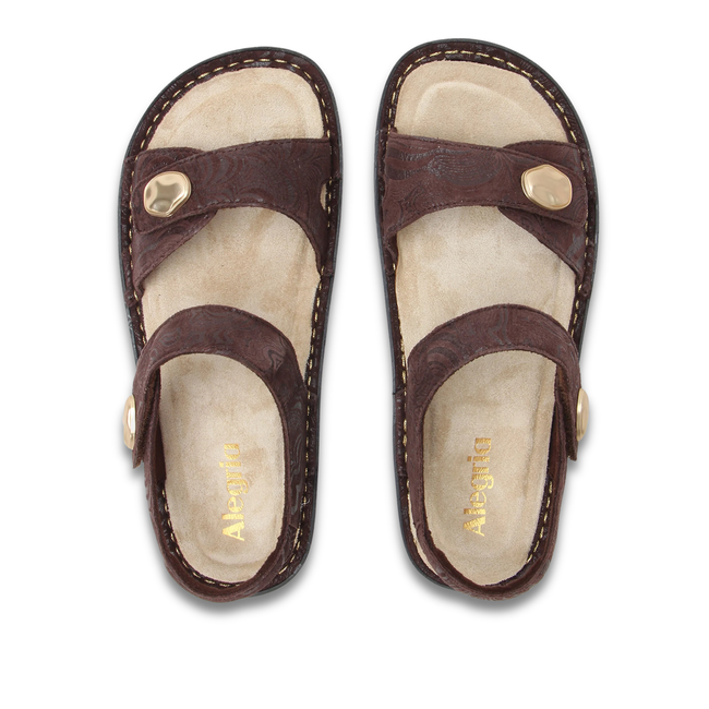 Adjustable Upper of Alegria Women's Vienna Sandals in Swirling Brown