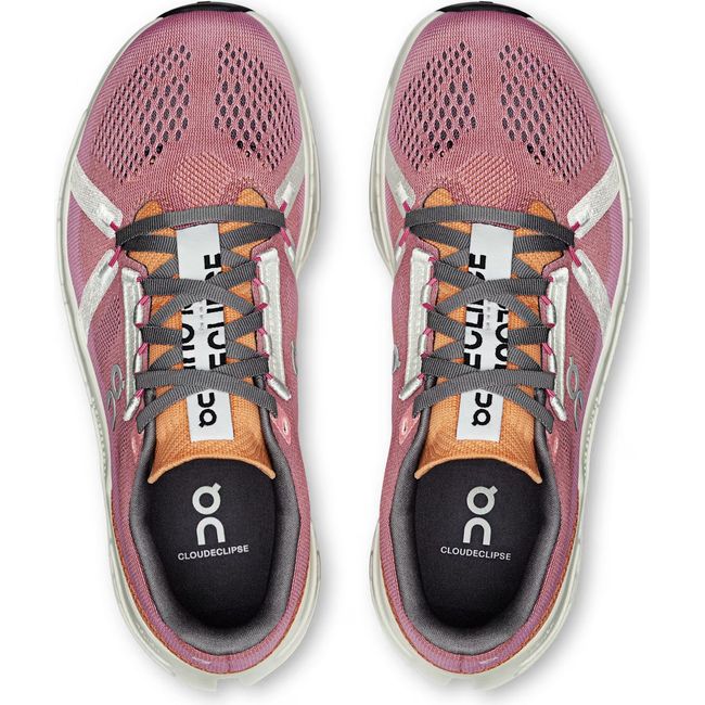 Top down view of Women's On Running Cloudeclipse Running Shoes in Tangerine Orange, pink, and Ivory