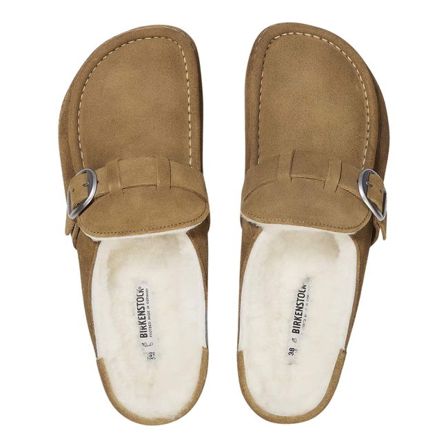 Tops of Birkenstock Women's Buckley Shearling Clog in Dark Tea