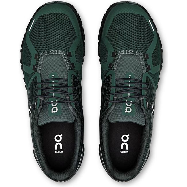 Top down view of Men's On Running Cloud 6 Running Shoes in evergreen black with slip on speed lacing
