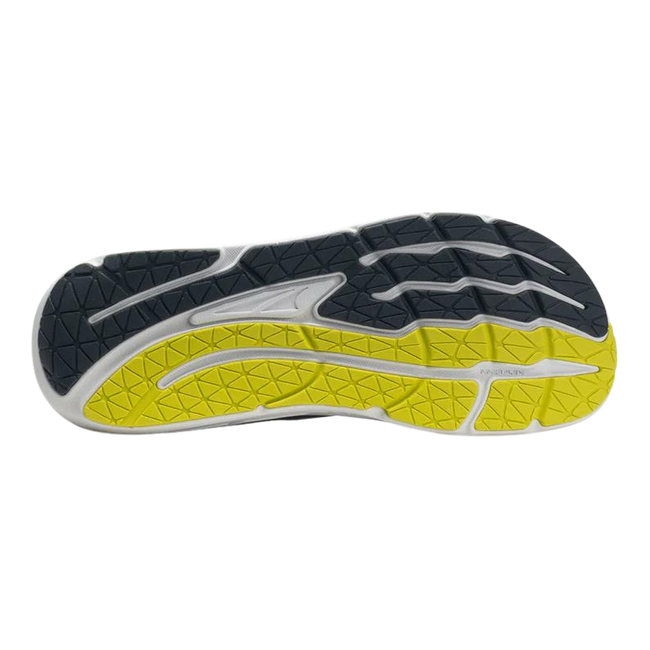 Sole of Mens Altra Paradigm 7 Running Shoe in gray lime with a white sole and black and yellow tread