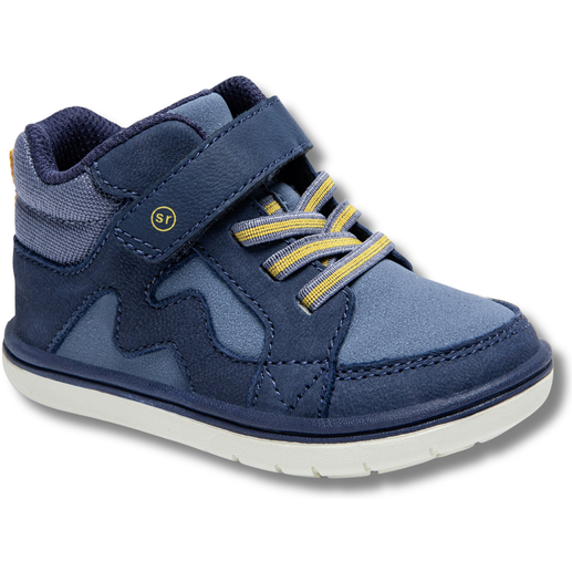 Angled side of Stride Rite Kids' Ames High Top Sneaker in Navy