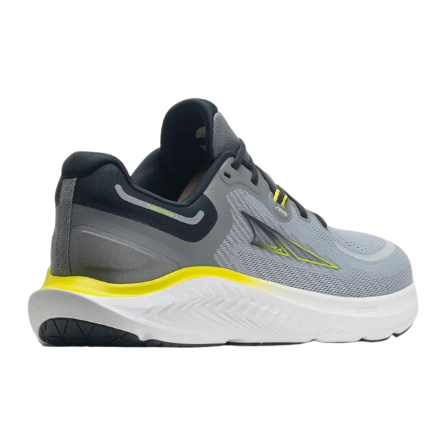 Rear angled view of Mens Altra Paradigm 7 Running Shoe in gray lime with a white sole