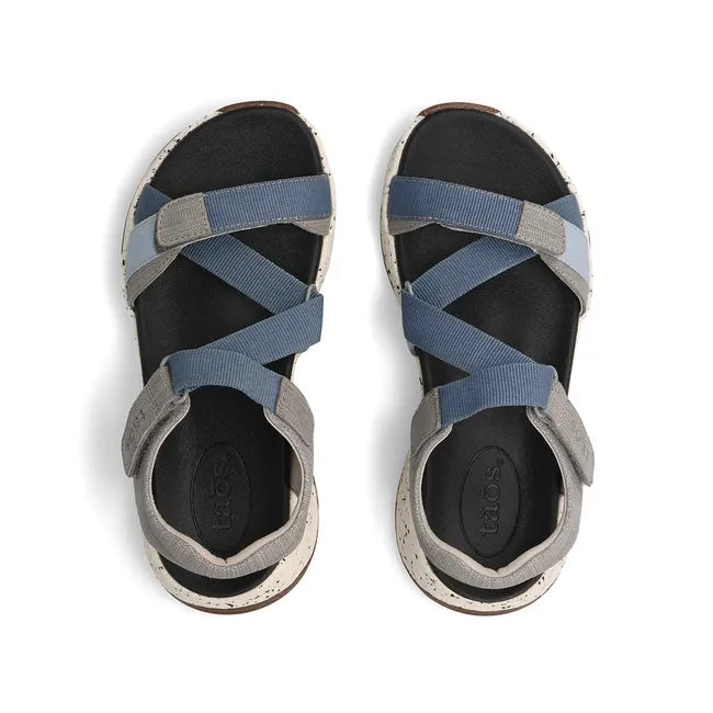 Top down view of Women's Taos Super Z Sport Sandals in Blue Multi and Grey with velcro straps