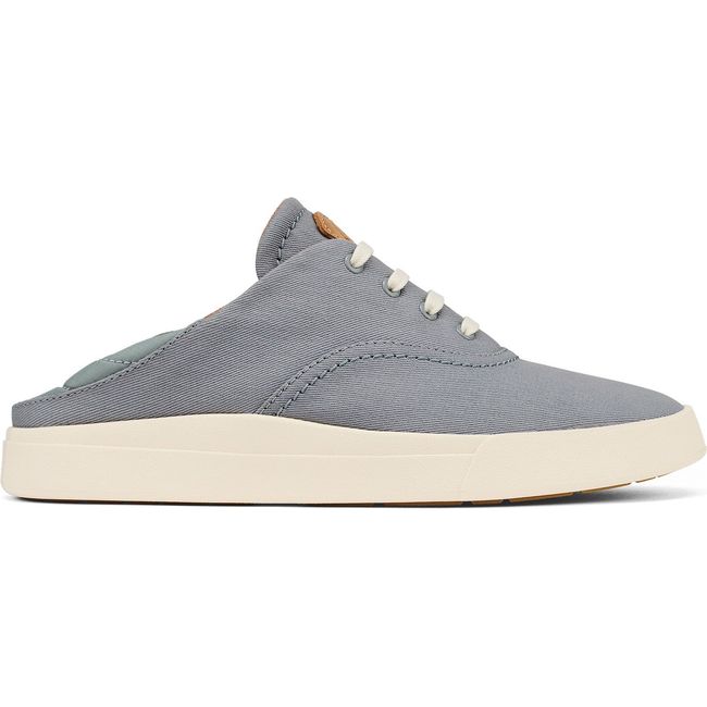 Lateral side of Women's Olukai Kohu Sneaker in Mist Grey canvas with Drop-In Heel down
