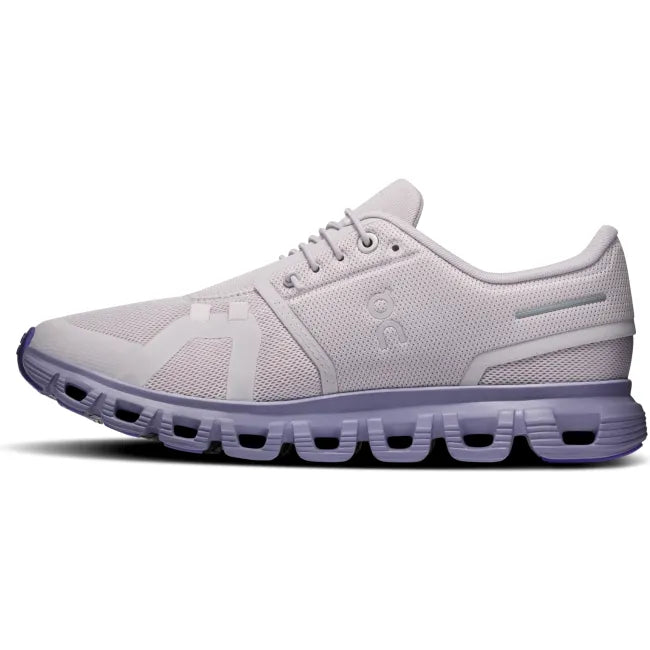 Medial side of On Running Women's Cloud 6 Sneaker in Ether/Tyrian