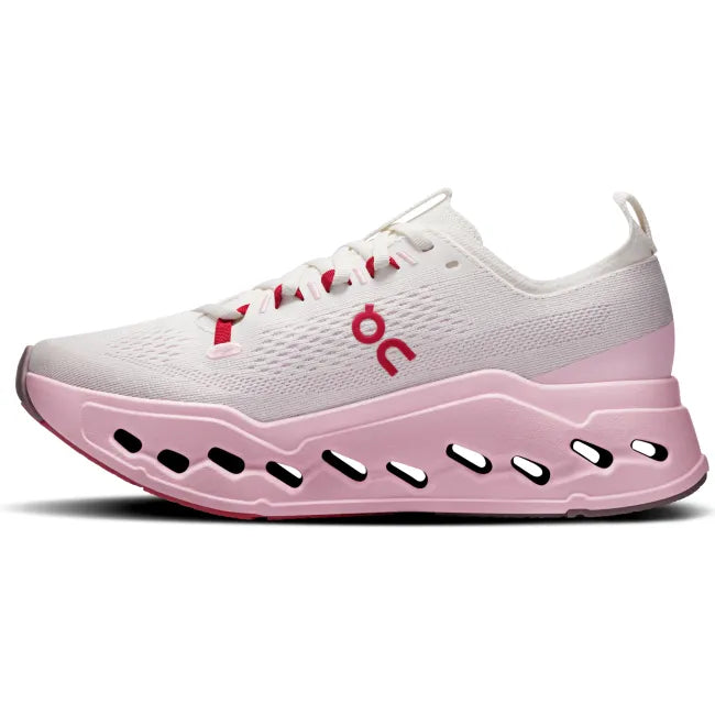 Medial side of On Running Women's Cloudsurfer Max Running Shoe in Ivory/Peony