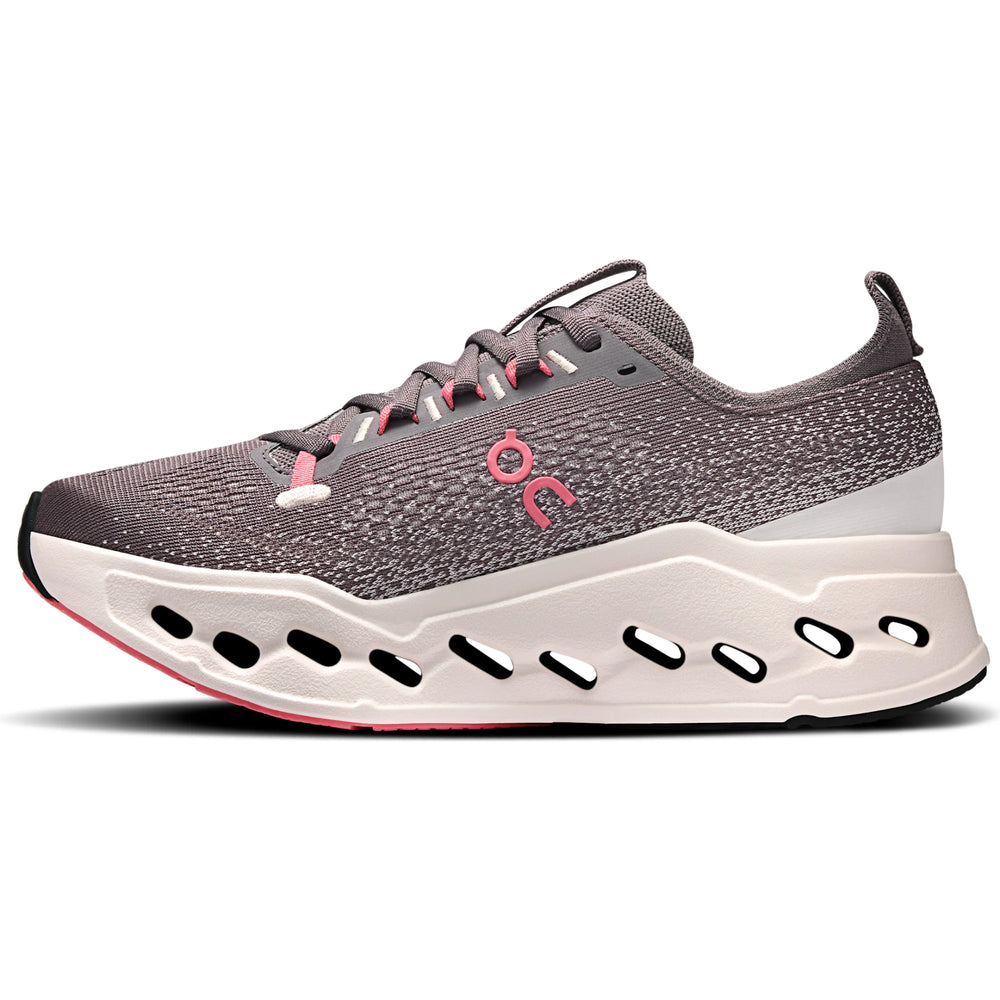Medial side of On Running Women's Cloudsurfer Max Running Shoe in Pebble/Oyster