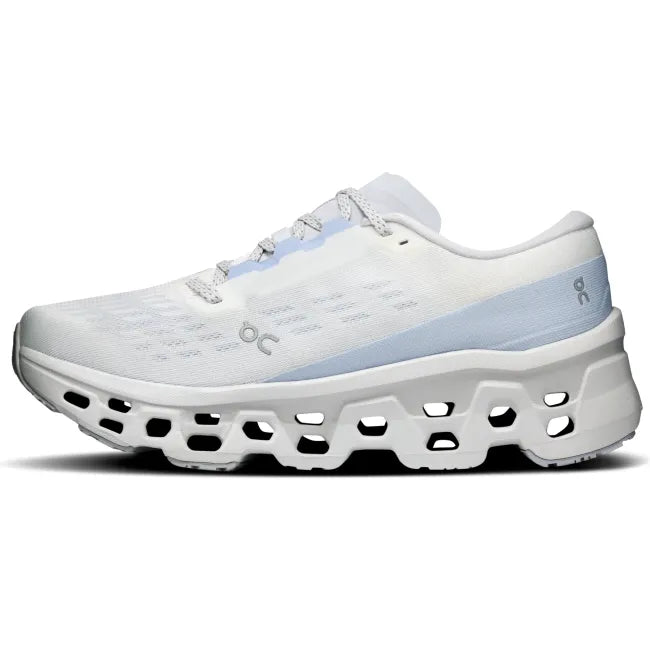 Medial side of On Running Women's Cloudmonster 3 Running Shoe in White/Frost