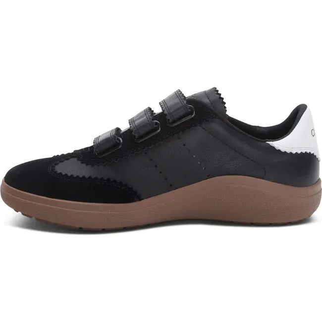Medial side of Women's Aetrex Morgan Arch Support Retro Sneaker in Black with velcro straps