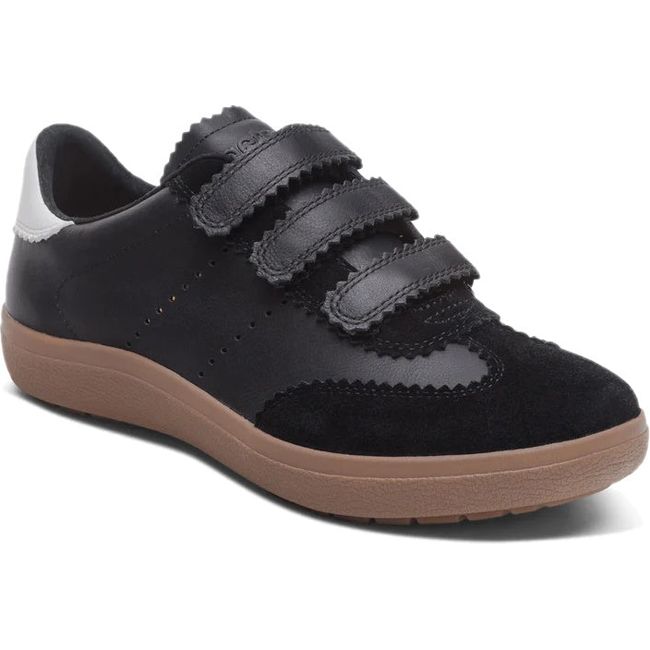 Front angled view of Women's Aetrex Morgan Arch Support Retro Sneaker in Black
