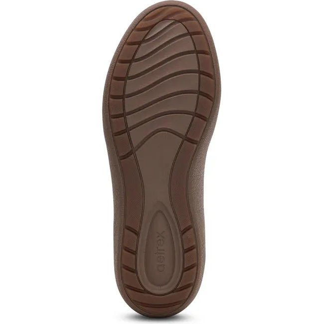 Tan sole of Women's Aetrex Morgan Arch Support Retro Sneaker in Black