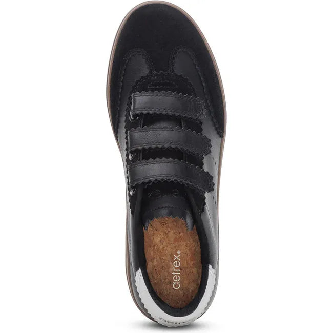 Top down view of Women's Aetrex Morgan Arch Support Retro Sneaker in Black with velcro straps