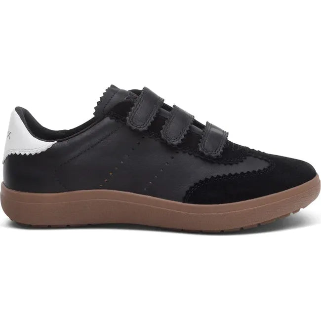 Lateral side of Women's Aetrex Morgan Arch Support Retro Sneaker in Black with velcro straps