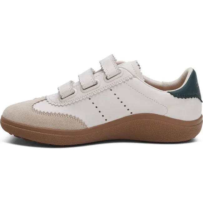 Medial side of Women's Aetrex Morgan Arch Support Retro Sneaker in Birch with velcro straps