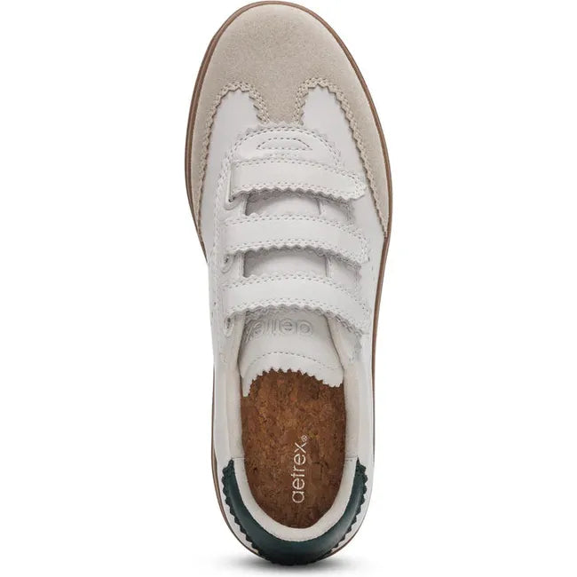 Top down view of Women's Aetrex Morgan Arch Support Retro Sneaker in Birch with velcro straps