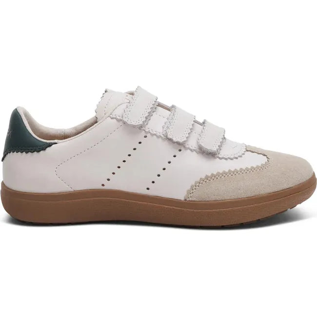 Lateral side of Women's Aetrex Morgan Arch Support Retro Sneaker in Birch with velcro straps