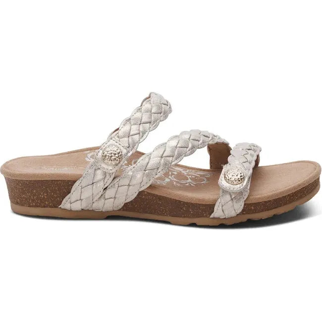 Lateral side of Women's Aetrex Josie Arch Support Slide Sandal in Champagne with adjustable straps