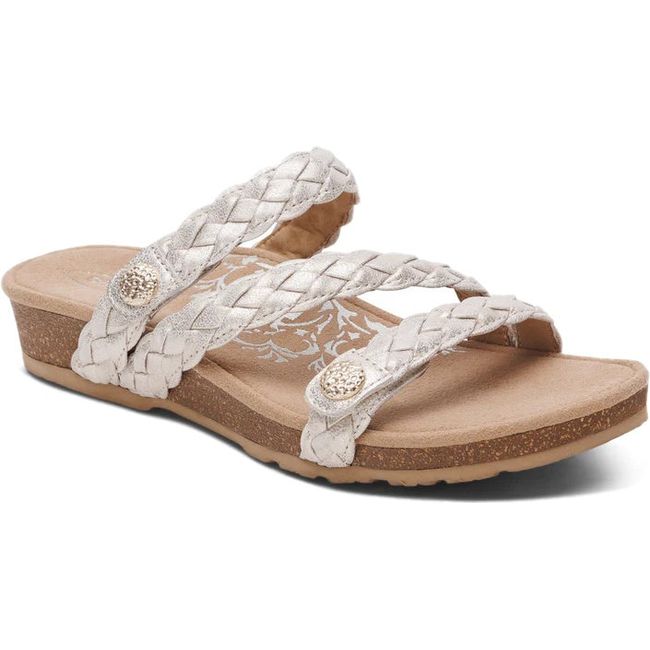 Front angled view of Women's Aetrex Josie Arch Support Slide Sandal in Champagne