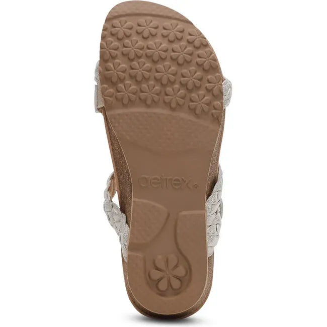 Tan sole of Women's Aetrex Josie Arch Support Slide Sandal in Champagne upper