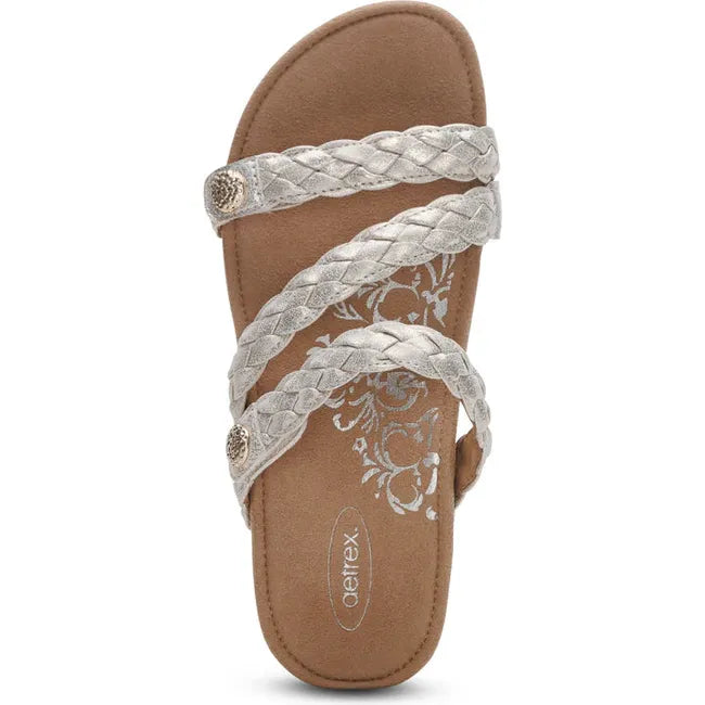 Top down view of Women's Aetrex Josie Arch Support Slide Sandal in Champagne with adjustable straps