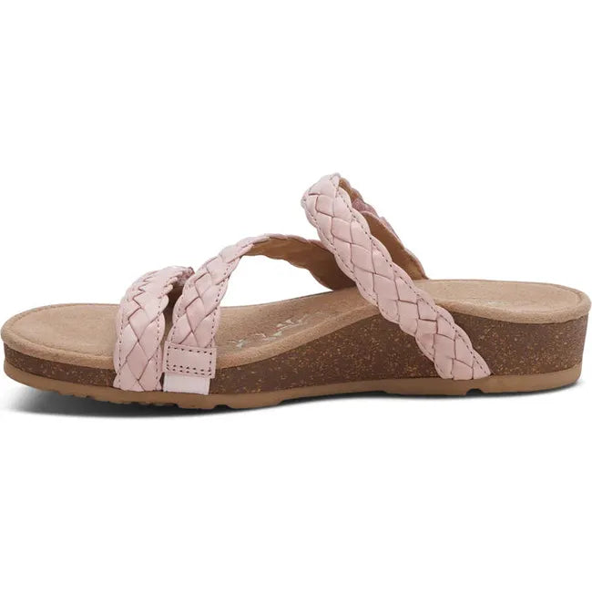 Medial side of Women's Aetrex Josie Arch Support Slide Sandal in Rose Pink with adjustable straps